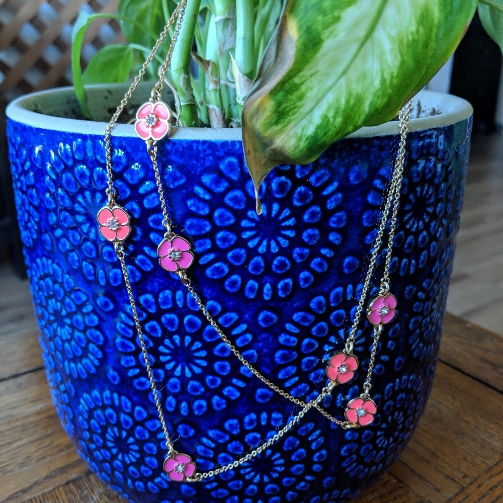 Kate Spade long gold and pink flower necklace
